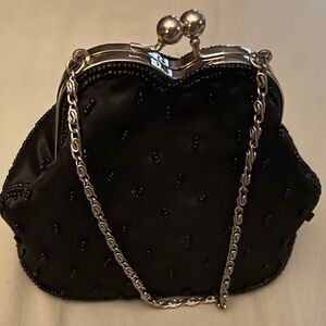 Elegant Black Beaded Evening Bag with Silver Chain
